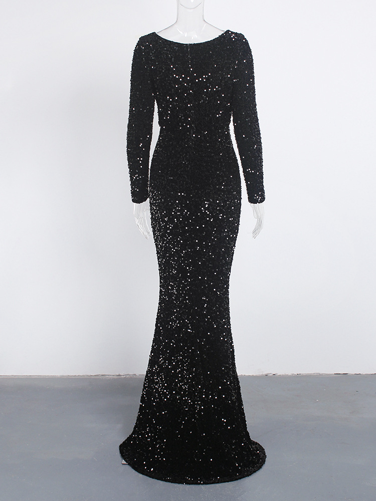 Long Sleeve Sequin Stretch Velvet Mermaid Evening Dress