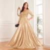 Sequin V-Neck Long Sleeve Satin Evening Gown Plus Size