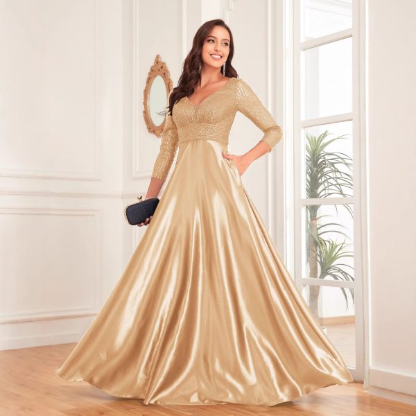Sequin V-Neck Long Sleeve Satin Evening Gown Plus Size