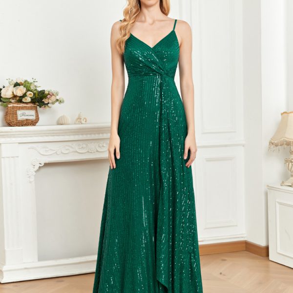 Spaghetti Strap V-Neck Sequin Evening Dress Bridesmaid Party Wedding Plus Size