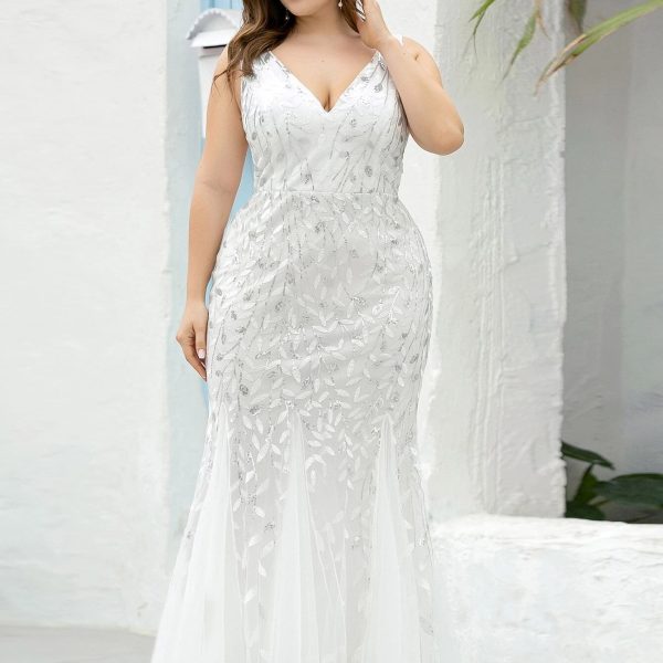 Womens Summer Mermaid Evening Gown Deep V-Neck Sleeveless Tulle Sequin Embroidered Dress