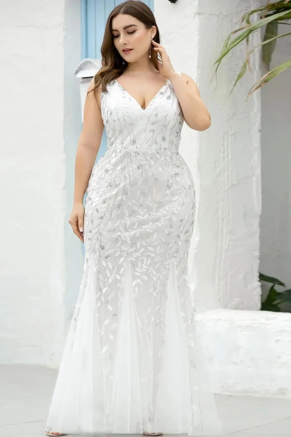 Elegant Deep V-Neck Evening Dress Gown with Embroidered Sequins