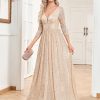 Sequin Evening Dress Women Long Sleeve V-Neck Elegant Maxi Gown