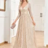 Womens Sequin V-Neck Long Sleeve Slim Maxi Evening Dress