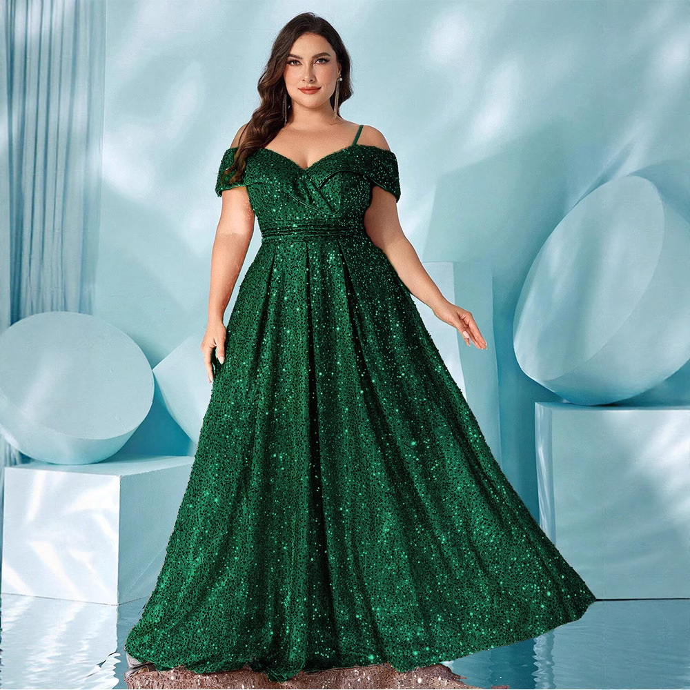 Plus Size Velvet Sequin Spaghetti Strap Evening Gown 2025 Summer Slimming Dress