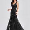 Womens Summer Mermaid Evening Gown Deep V-Neck Sleeveless Tulle Sequin Embroidered Dress