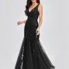 Elegant Deep V-Neck Evening Dress Gown with Embroidered Sequins