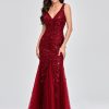 Womens Summer Mermaid Evening Gown Deep V-Neck Sleeveless Tulle Sequin Embroidered Dress