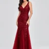 Elegant Deep V-Neck Evening Dress Gown with Embroidered Sequins