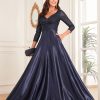 Sequin V-Neck Long Sleeve Satin Evening Gown Plus Size