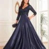 Sequin V-Neck Long Sleeve Satin Evening Gown Plus Size