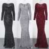 Sequin Velvet Long Sleeve V-Neck Mermaid Evening Gown Formal Party Dress