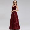 Wine Red Sequin Velvet Patchwork Sleeveless V-Neck A-Line Maxi Dress