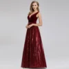 Wine Red Sequin Velvet Patchwork Sleeveless V-Neck A-Line Maxi Dress