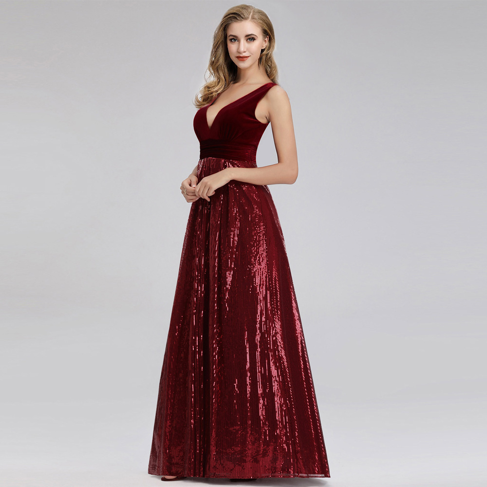 Wine Red Sequin Velvet Patchwork Sleeveless V-Neck A-Line Maxi Dress