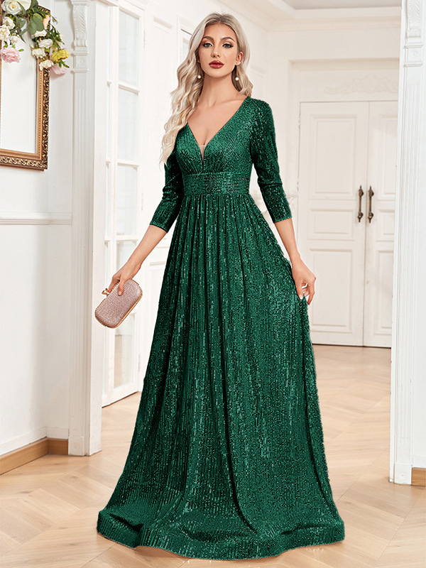 Sequin Evening Dress Women Long Sleeve V-Neck Elegant Maxi Gown