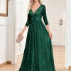 Womens Sequin V-Neck Long Sleeve Slim Maxi Evening Dress