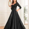 Sequin V-Neck Long Sleeve Satin Evening Gown Plus Size
