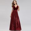 Sequin Patchwork Velvet V-Neck Sleeveless A Line Maxi Evening Dress Elegant