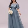 Women Plus Size Elegant Sequin Embroidery Short Sleeve Tulle Evening Gown Dress