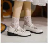 Womens Lolita Mary Jane Round Toe Bow Buckle Waxed Leather Low Heel Breathable