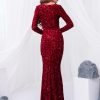 Sequin Velvet Long Sleeve V-Neck Mermaid Evening Gown Formal Party Dress