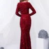 Sequin Velvet Long Sleeve V-Neck Mermaid Evening Gown Formal Party Dress