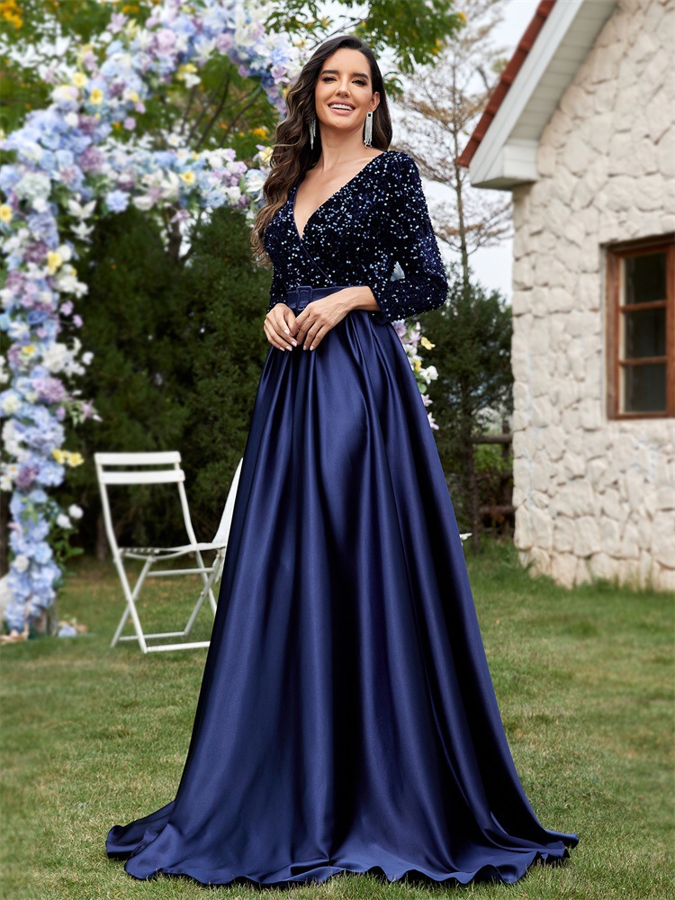 Plus Size V-neck Sequin Dress Velvet Long Sleeve Evening Gown