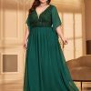 Elegant Plus Size V-Neck Sequin Chiffon Maxi Evening Dress