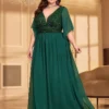 Elegant Plus Size V-Neck Sequin Chiffon Maxi Evening Dress