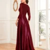 Sequin V-Neck Long Sleeve Satin Evening Gown Plus Size