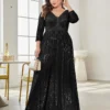 Women Plus Size Sequin Long Sleeve V-Neck Elegant Evening Party Dress