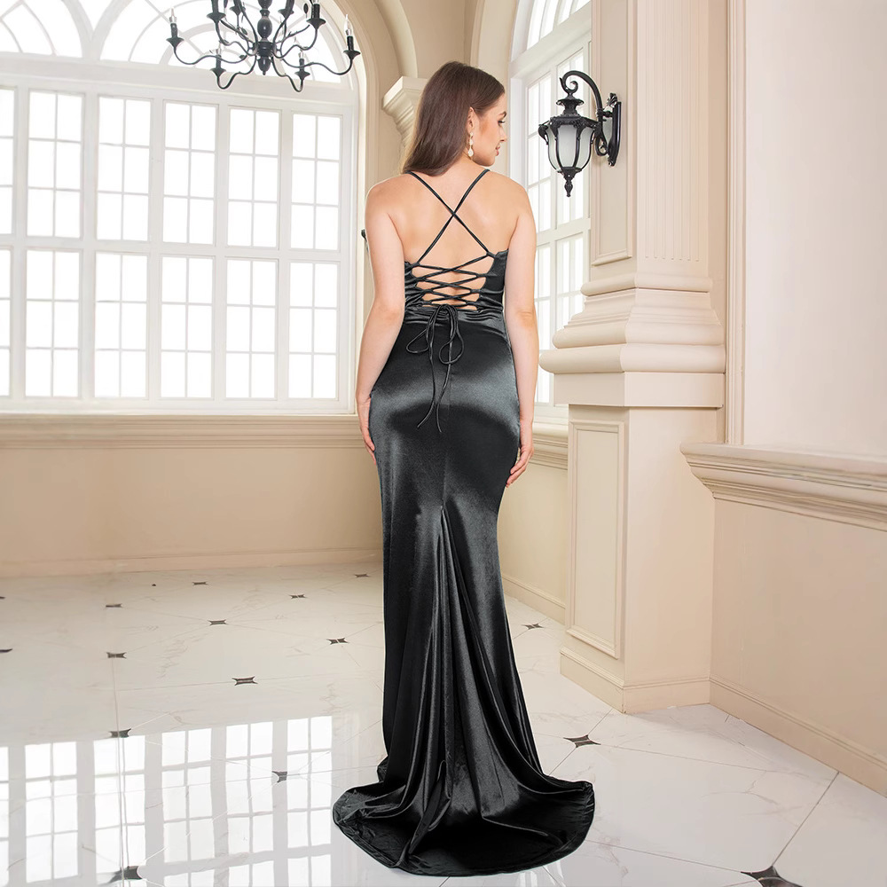 Satin Spaghetti Strap Ruched Mermaid Slit Evening Dress