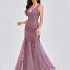 Womens Summer Mermaid Evening Gown Deep V-Neck Sleeveless Tulle Sequin Embroidered Dress