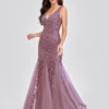 Elegant Deep V-Neck Evening Dress Gown with Embroidered Sequins