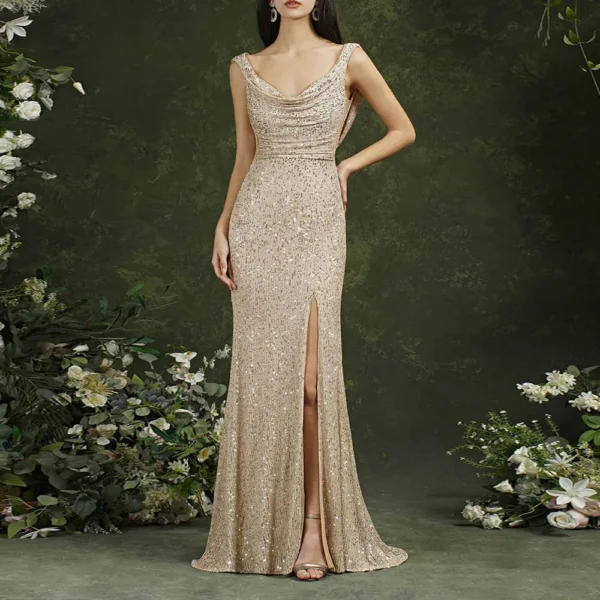Sequin Evening Dress Sleeveless Draped Neckline Slit Maxi Elegant