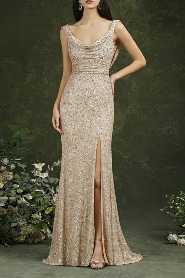 Sequin Evening Dress Sleeveless Draped Neckline Slit Maxi Elegant