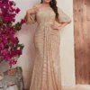 Plus Size Sequin Dress V-Neck Half Sleeve Slim Flowy Evening Gown