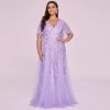 Plus Size Embroidered Sequin Evening Dress Deep V Flounce Sleeve Mermaid Train
