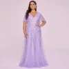 Plus Size Embroidered Sequin Evening Dress Deep V Flounce Sleeve Mermaid Train