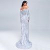 Sequin Dress Feather Off Shoulder Long Sleeve Mermaid Evening Gown
