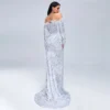 Sequin Dress Feather Off Shoulder Long Sleeve Mermaid Evening Gown