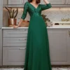 Plus Size Sequin V-Neck 3/4 Sleeve Evening Dress