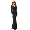 Sequin Velvet Long Sleeve V-Neck Mermaid Evening Gown Formal Party Dress