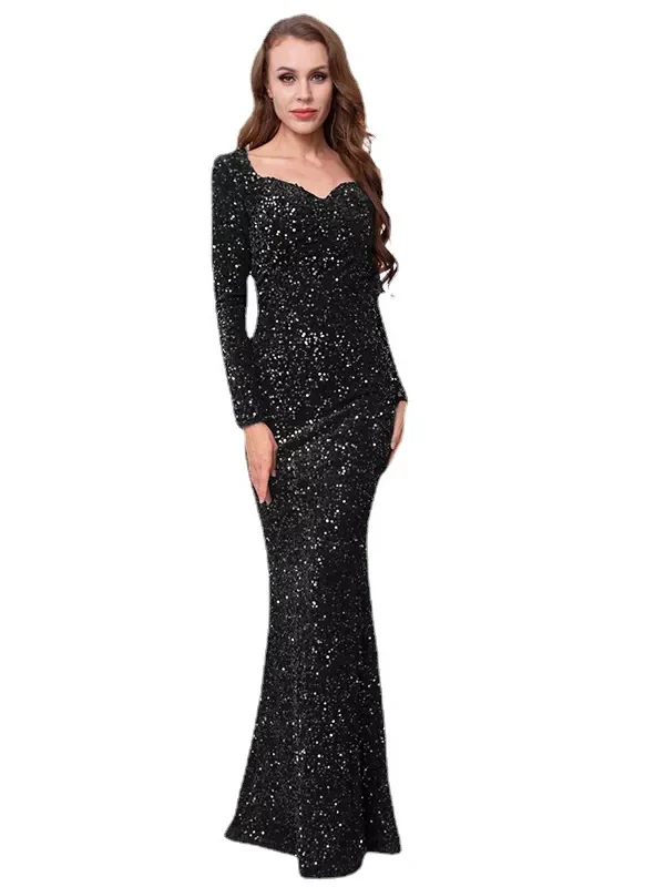 Sequin Velvet Long Sleeve V-Neck Mermaid Evening Gown Formal Party Dress