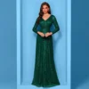 Sequin Long Sleeve V-Neck Elegant Maxi Evening Gown Women Dress
