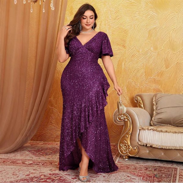 Plus Size Mermaid Sequin Evening Dress V-Neck Sleeveless High Waist