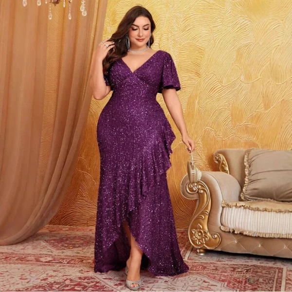 Plus Size Mermaid Sequin Evening Dress V-Neck Sleeveless High Waist