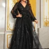 Plus Size Sequin V-Neck Lantern Sleeve High Waist Maxi Evening Dress