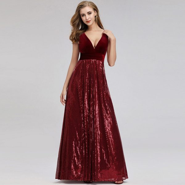 Sequin Patchwork Velvet V-Neck Sleeveless A Line Maxi Evening Dress Elegant